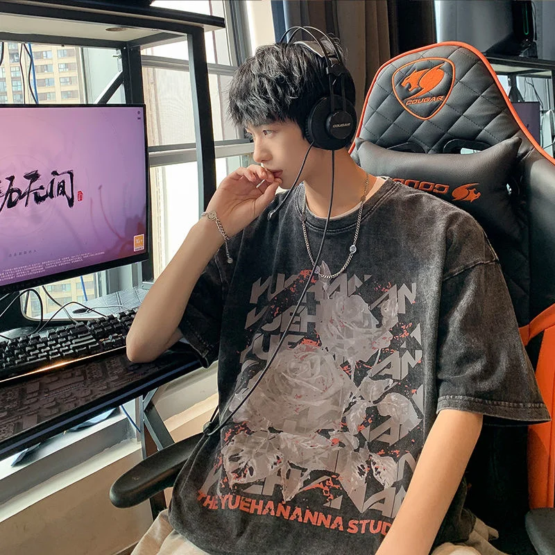 

Мужская хлопковая футболка с цветочным принтом, свободная повседневная черная футболка с коротким рукавом, лето 2022