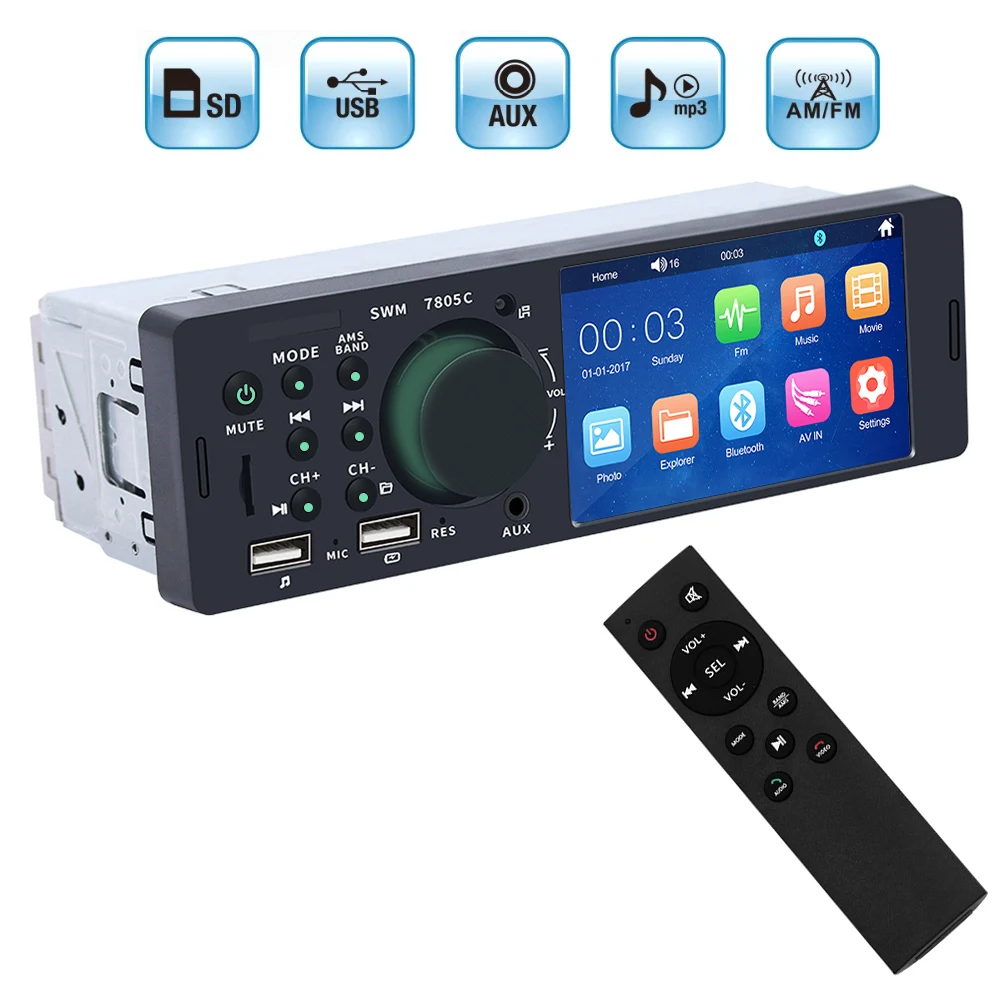 

Stereo Player Head Unit 7805C 1 Din 4.1" Touch Screen MP5 Player Bluetooth Audio Video Car Radio USB Fast Charging