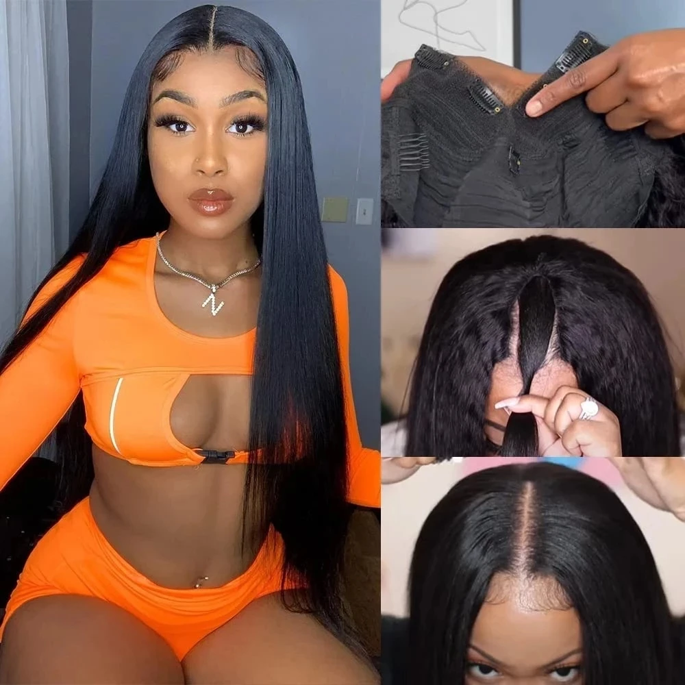 U Part Wig Ombre Brown Highlight Synthetic Hair Straight Vpart Wigs for Black Women No Glue No Sew T30# Natural Color 12-28inch