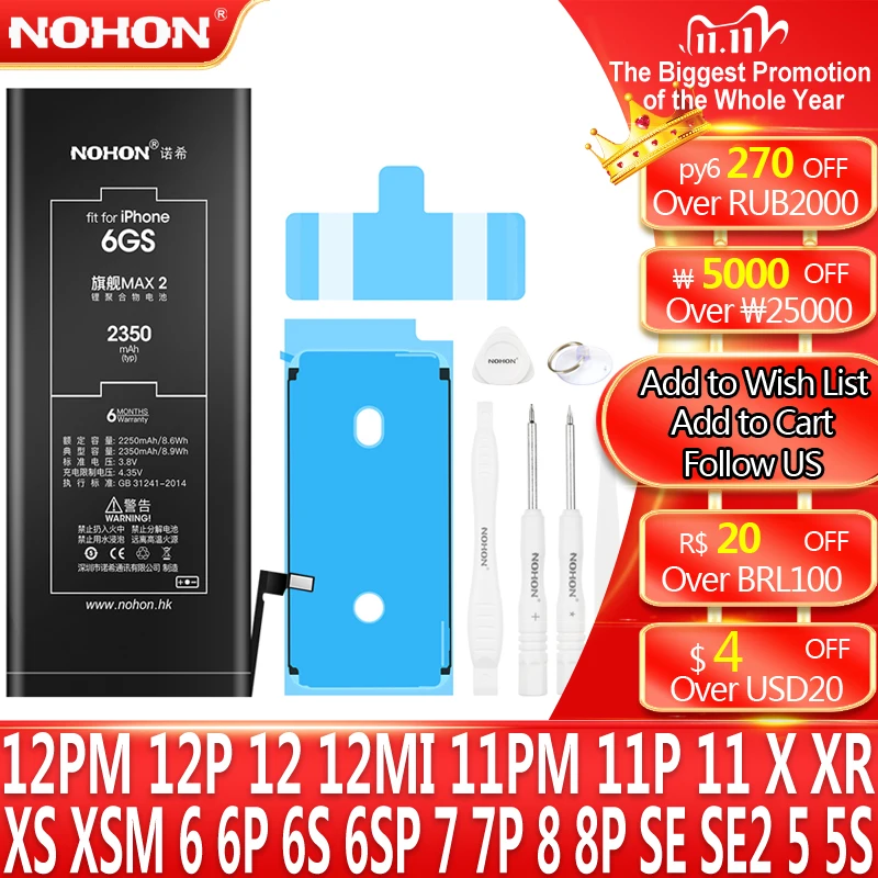 

Аккумулятор большой емкости NOHON для iPhone 8 Plus 7 12 Pro MAX 11 X XS XR SE 2020 сменная батарея для Apple iPhone 6S Plus 6 S 12 Mini 5S 5C 5 сменный литий-полимерный батарея Запасная