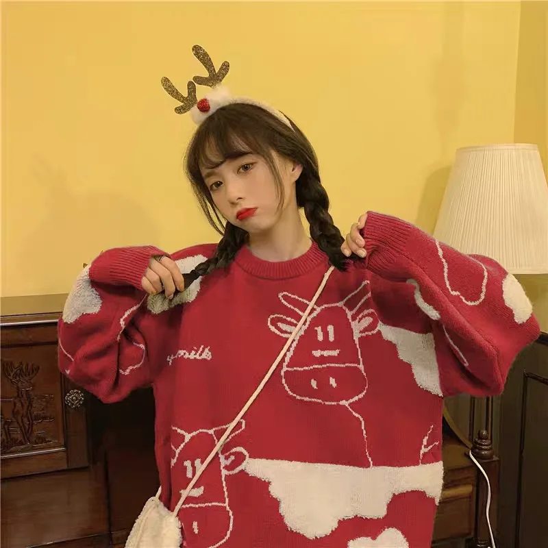 

2021 new year of the ox autumn and winter net red cute Pullover Sweater women's Korean loose Japanese sweater