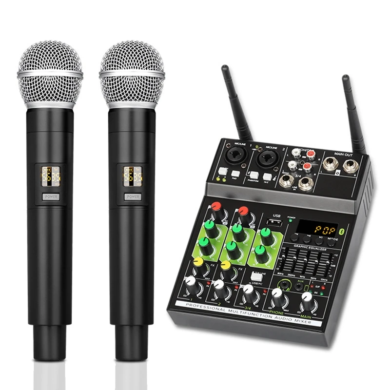 

Mixer Audio Mixer 1 Drag 2 Wireless Mics Mixing Console 4 Channels With Bluetooth USB Effect For DJ Karaoke PC Guitar