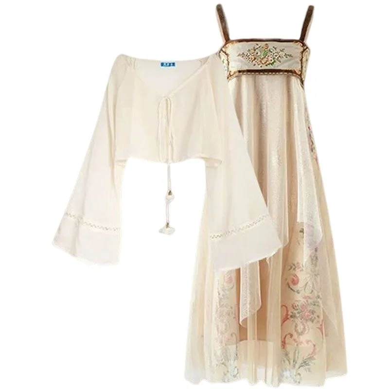 

Women's Summer Suit 2023 Chinese Traditional Modified Hanfu Wear Sun-proof Chiffon Blouse Straps Dress Two-piece Set