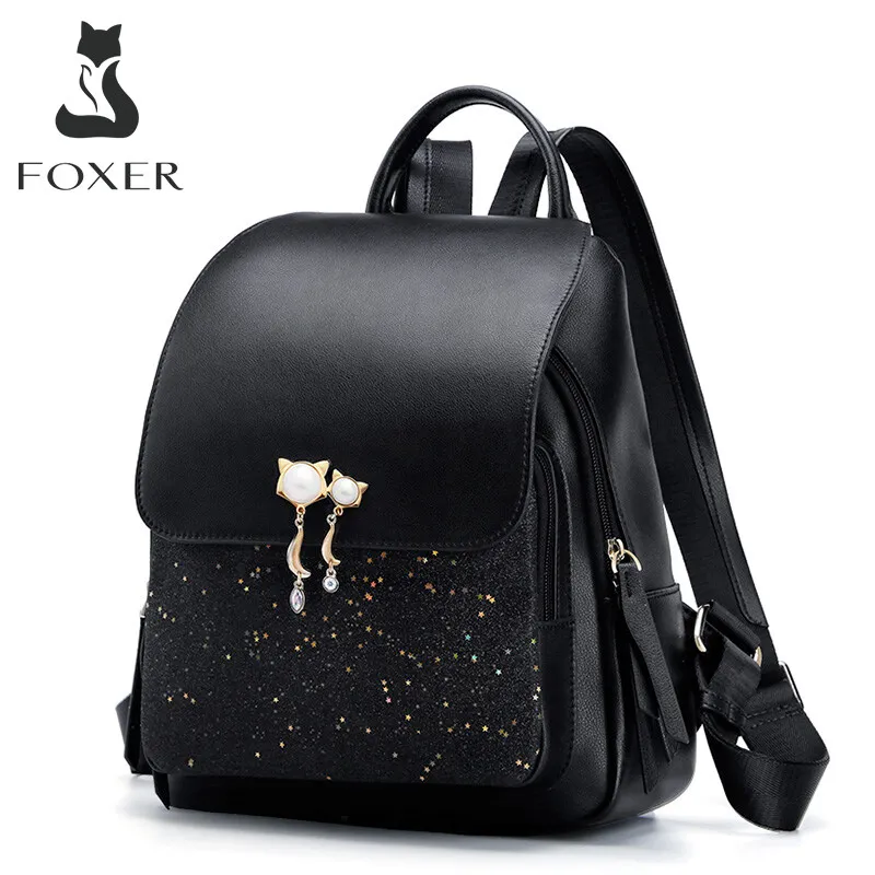 FOXER Girl's School Bag Medium Shiny Anti-Theft Backpack Women's Split Leather Satchel Lady Travel Rucksack Female Shoulder Bags