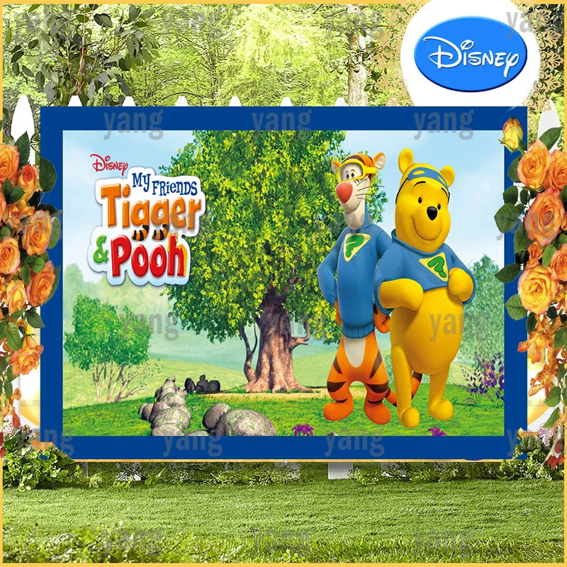 Lovely Disney Cartoon Forest Background Birthday Decoration Backdrop Party Winnie Bear Tigger Piglet Banner Custom Baby Shower