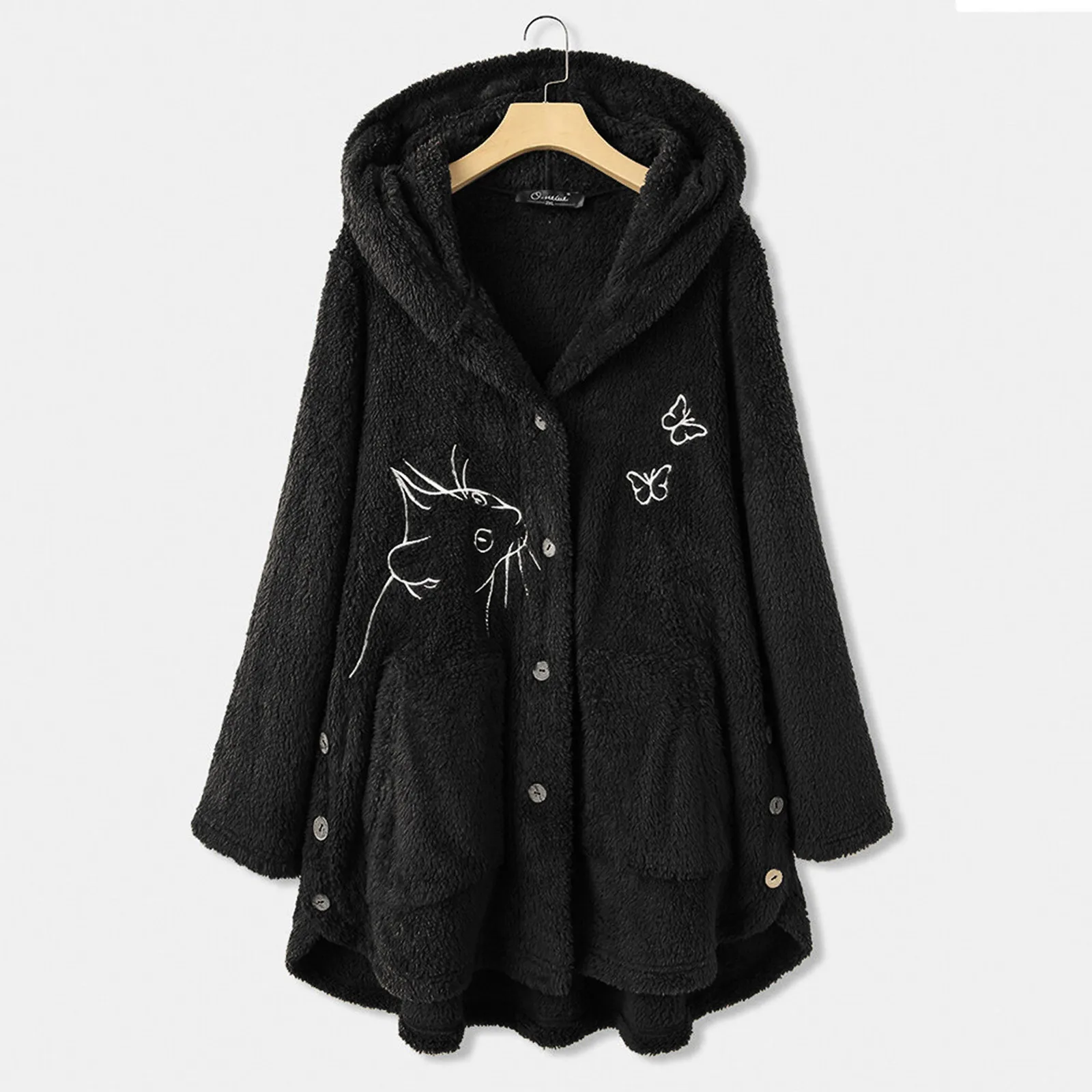 

Women'S Cat Embroidery Printed Hoodies h Loose Button Solid Color Worsted Wool Jacket Spring Jackets Purdue Jacket