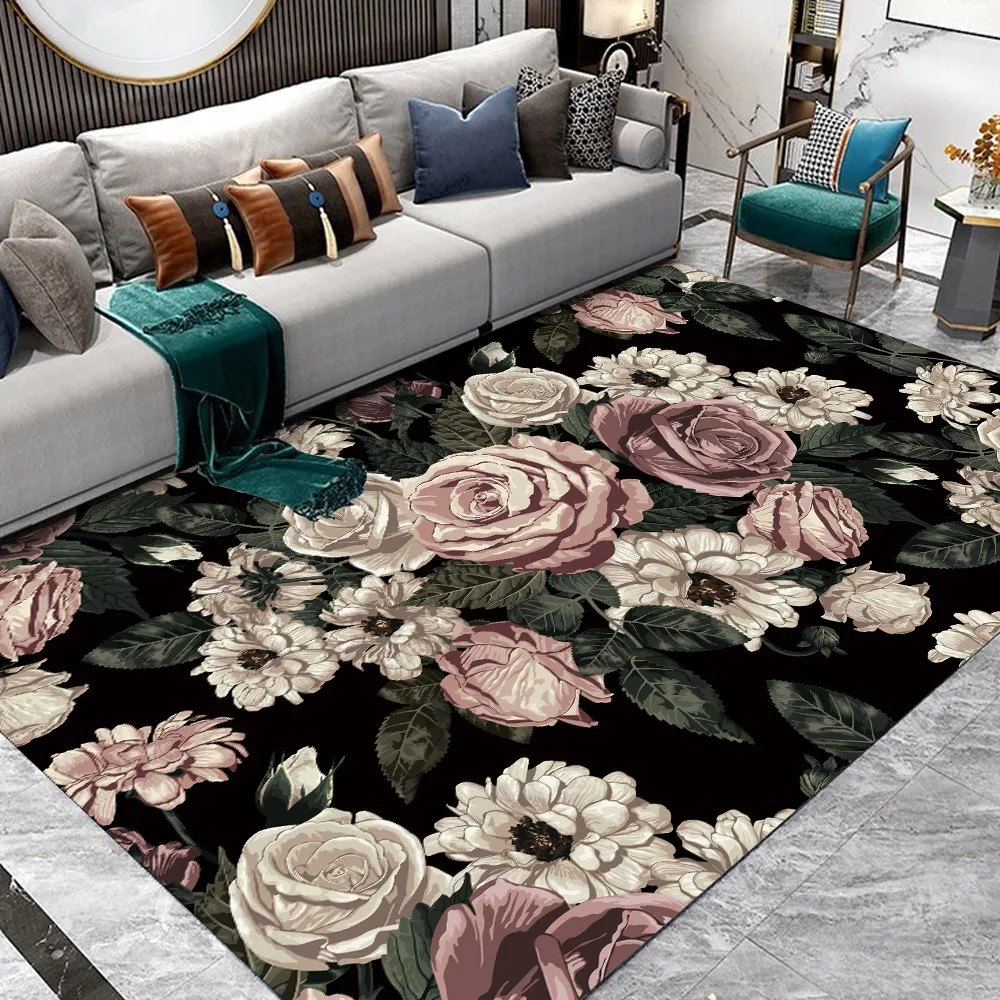

American Style Elegant Floral Big Flower Black Kitchen Living Room Bedroom Bedside Carpet Floor Mat Customization Rugs tapis
