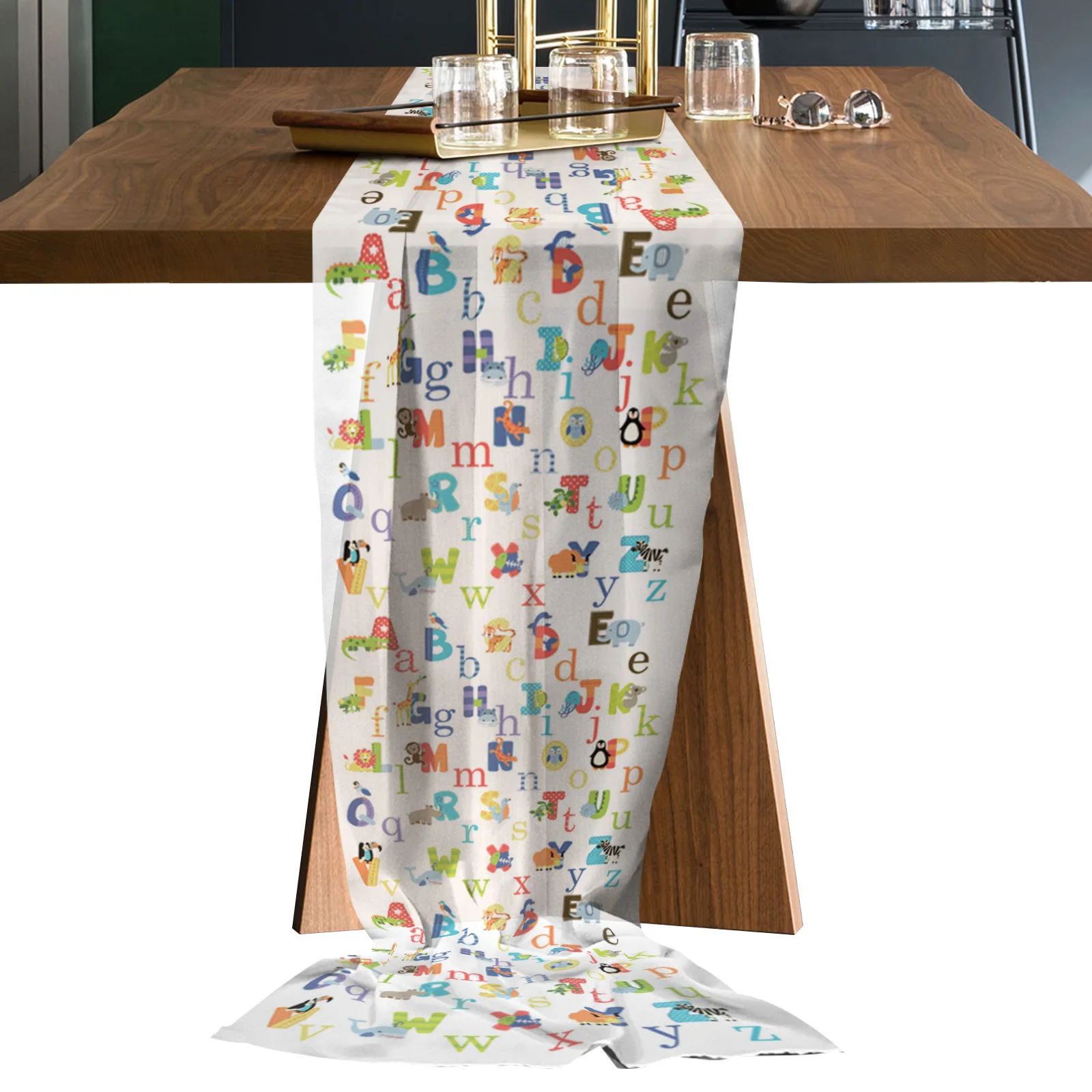 

Cartoon Animals Alphabet Table Runner Sheer Chiffon Luxury Boho Wedding Party Birthday Gauze Tablecloth