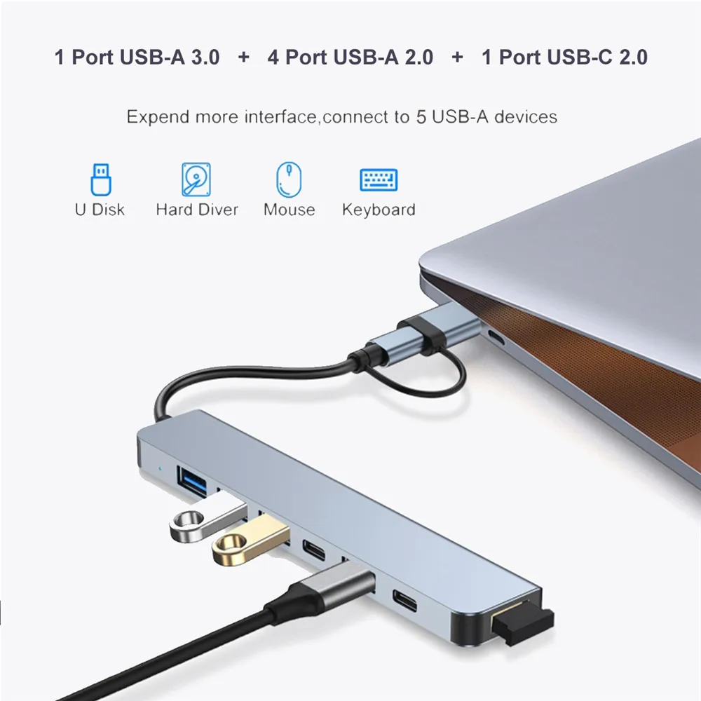 Фото USB-хаб MZX 7/8 в 1, док-станция Type A/C, концентратор 3.0/2.0, мультиадаптер, мультихаб, док-сплиттер, аксессуары для ноутбуков и ПК №4