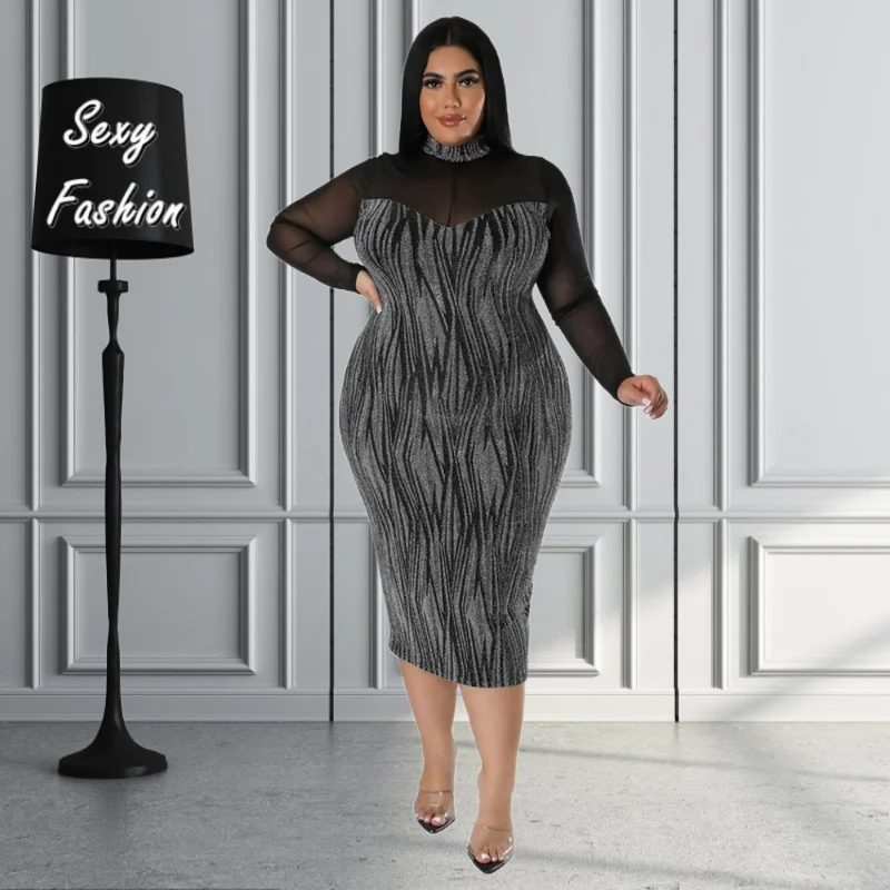 

L-4XL Sexy Club Dress Plus Size Women Clothing Winter Mesh Perspective Bright Silk Patchwork Bodycon Midi Dresses Dropshipping