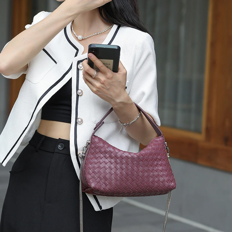 Luxury Weave Sheepskin Hand Bag Women Fashion Woven Genuine Leather Shoulder Crossbody Bags High Quality Ladies Chain Messenger