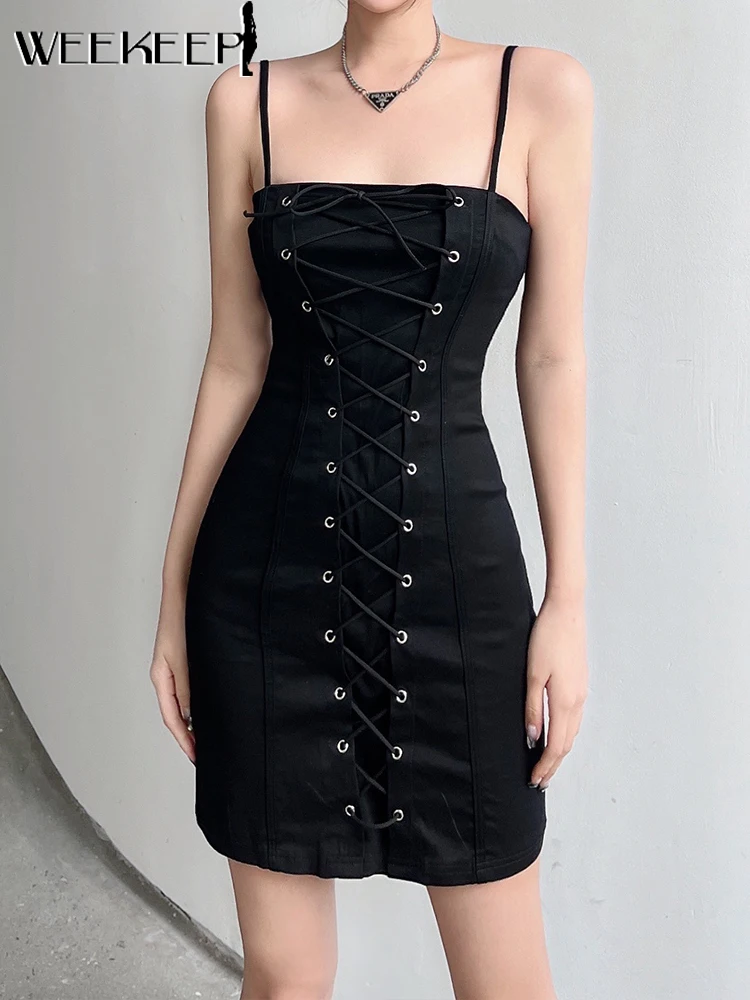 

Weekeep Sexy Skinny Dress Women Bandage Sleeveless Strap Short Dresses Summer Casual Solid Black Mini Sundress Basic Streetwear