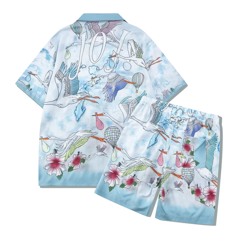 

Casablanca Short Shirt Set Cloud Crane Balloon Flower Fairyland Pattern Suit Men Women Hawaii Beach Tennis Club Shirt