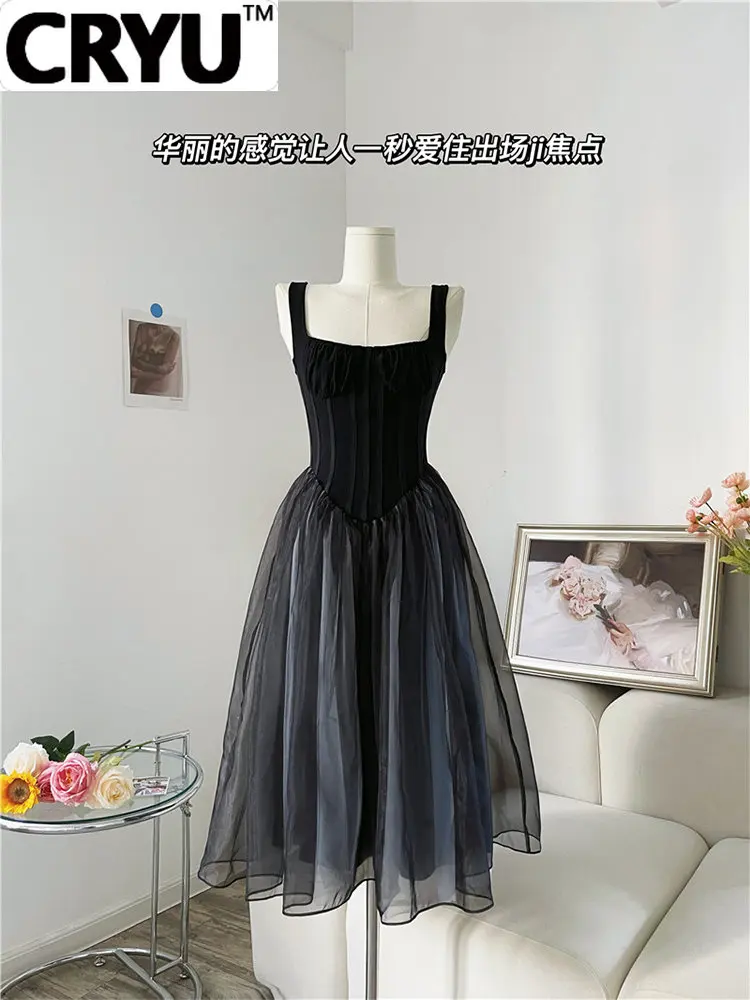 

French Style Retro Lace Patchwork Women Suspender Vestidos Square Collar Pleated Party Evening Prom Dress Female Elegance Chic