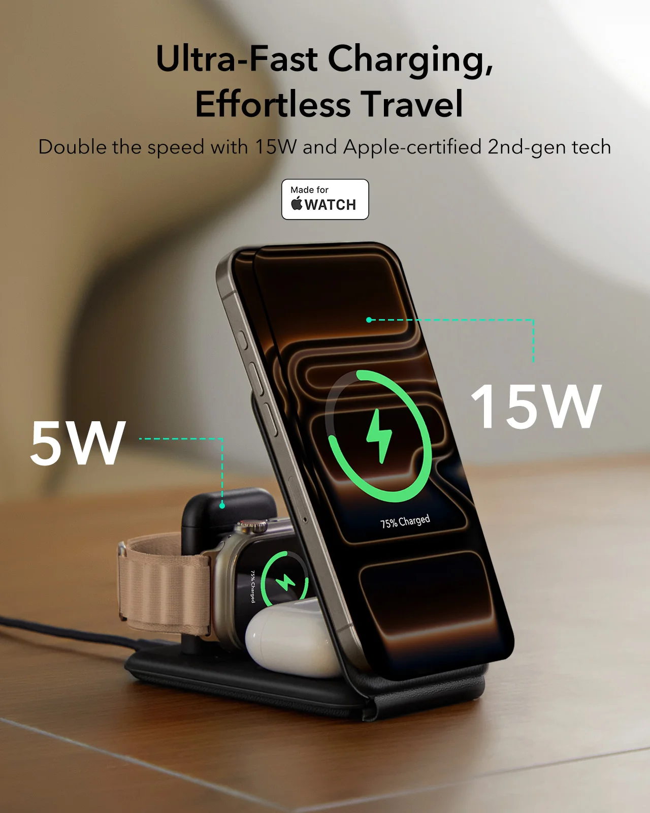 Фото Беспроводная зарядная станция ESR для iPhone 17/16/15/14/13/12, AirPods и Apple Watch, складная, совместимая с магнитной технологией, для работы №2