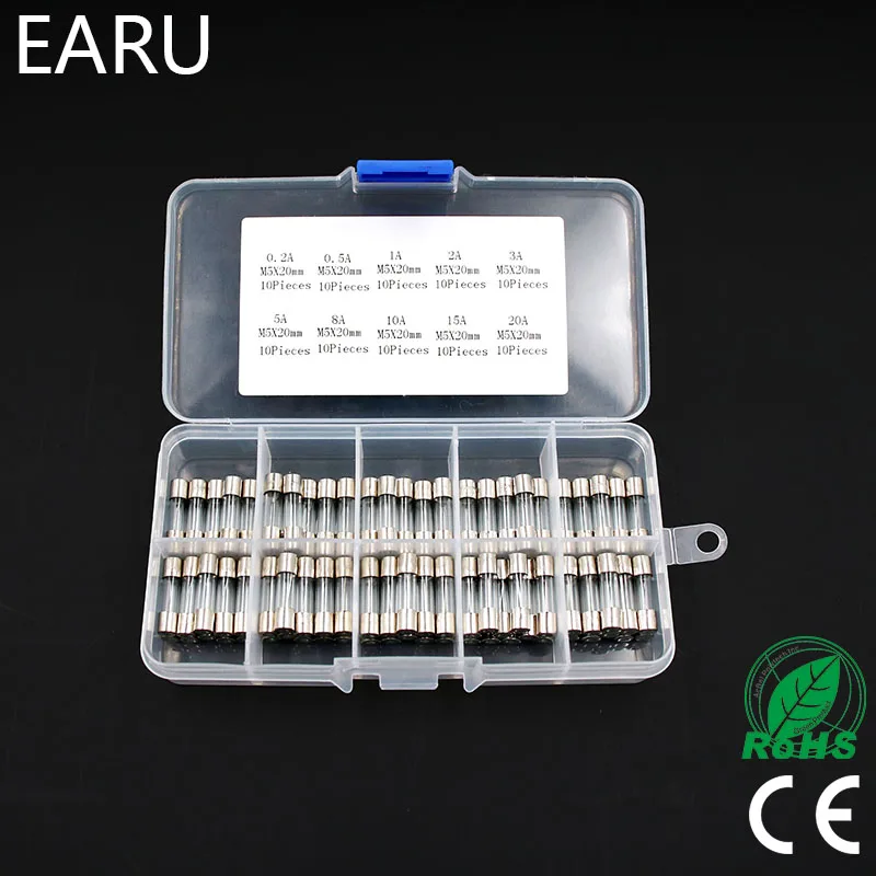 

1-100Pcs Set 5x20mm Quick Blow Glass Tube Fuse Assorted Kits Fast-blow Glass Fuses 0.2A 0.5A 1A 2A 3A 5A 8A 10A 15A 20A 30A Box