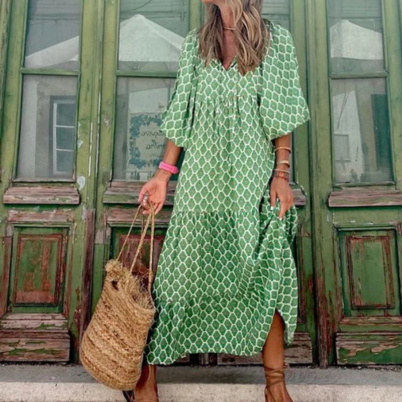 Summer Beach Puff Sleeve Boho Maxi 