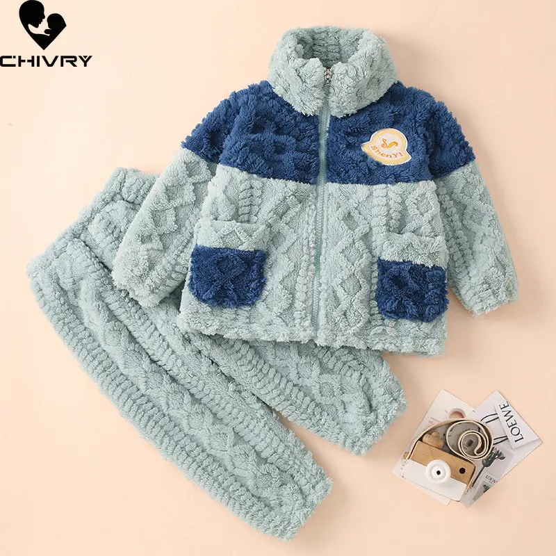 New Kids Flannel Pajama Sets Autumn Winter Boys Girls Thicken Warm Zipper Lapel Tops with Pants Baby Pyjamas Sleepwear Clothing