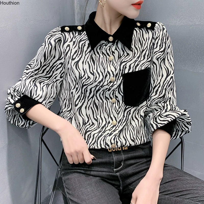 

Блузка женская шифоновая с длинным рукавом, Повседневная модная рубашка с отложным воротником и принтом, в полоску, домашняя одежда, лето