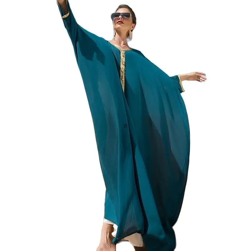 

Loose Cloak Dress for Women Gold Ribbon Trim V Neck Bat Sleeve Abaya Vintage Ethnic Moroccan Caftan Dubai Saudi Clothes