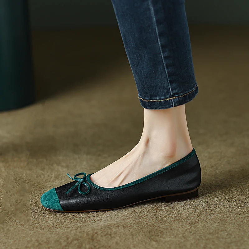 Туфли женские с круглым носком балетки бантом низкий каблук спилок повседневная