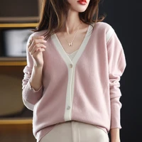 2022 color blocking 100 wool cardigan womens long sleeved v neck sweater loose all match color blocking knitted jacket