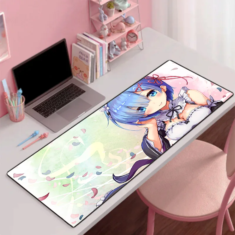 Резиновый коврик для мыши Rem Re Zero в стиле аниме Kawaii Girl для ноутбука 100x50, для офиса, Игровая клавиатура, шкаф, аксессуары для ПК, мягкий коврик для мыши