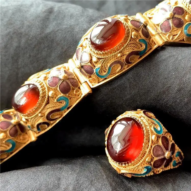 

Специальный дизайн, очаровательный стиль, филигранный инкрустированный браслет, набор колец, женский браслет ручной работы, ретро-браслет ...