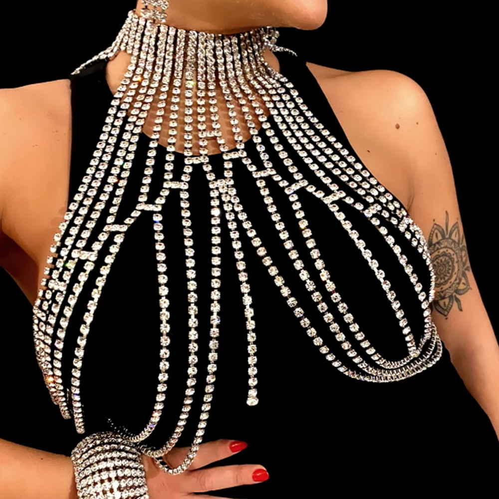 

GLAMing New Luxury Rhinestone Chest Chain Sexy Bikini Body Chain Harness Necklace Jewelry Women Crystal Breast Bra Rave Outfits