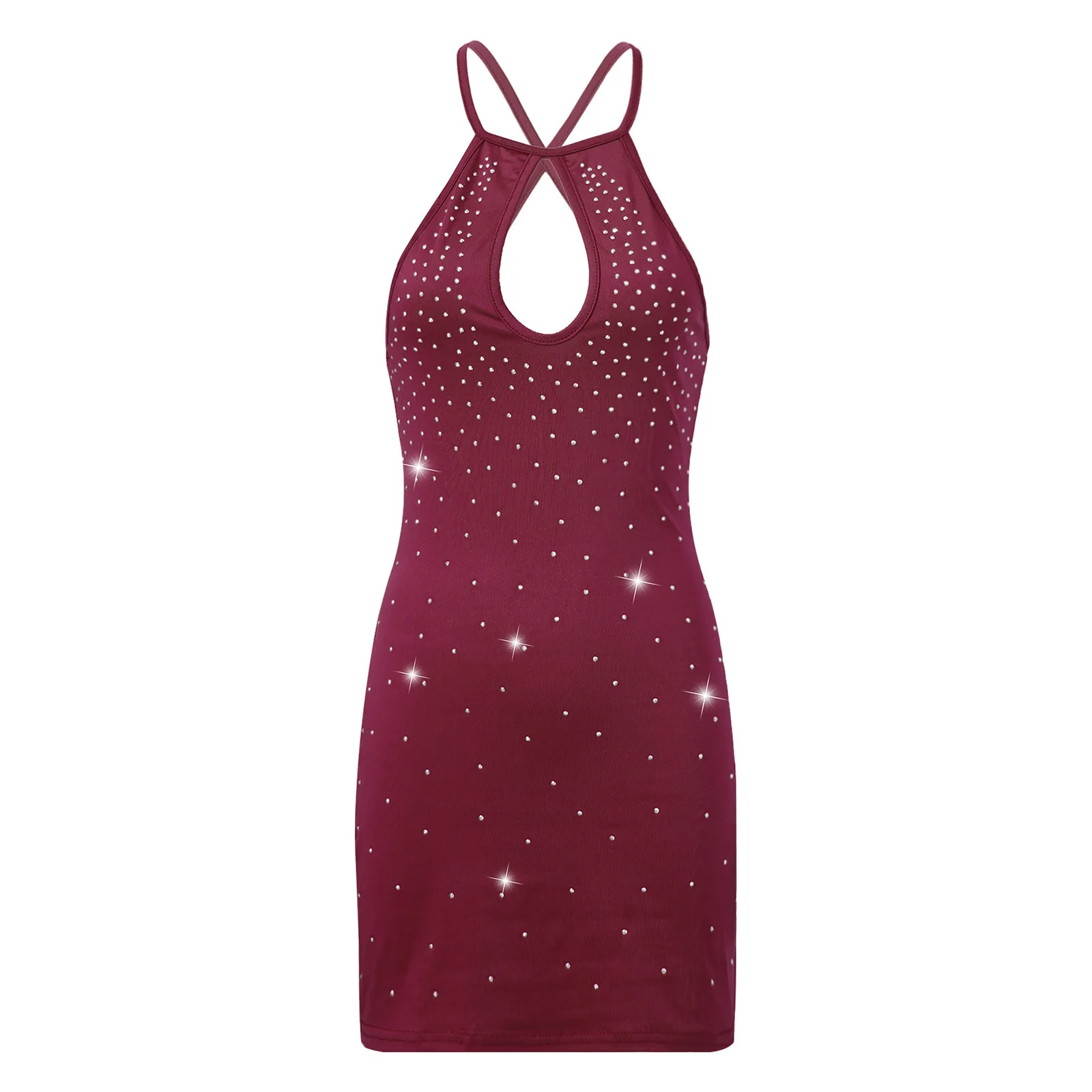 

Women Sparkling Rhinestone Keyhole Bodycon Dress Ladies Fashion Shinny Crisscross Back Mini Dresses Party Clubwear