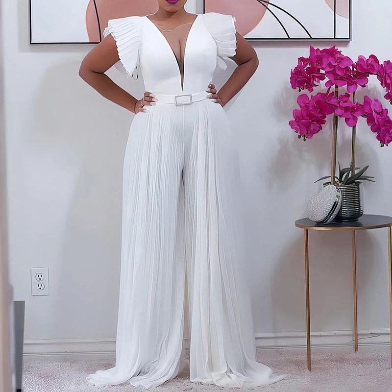 

New Sleeveless Long Jumpsuit Women's Summer V-Neck Sheer Mesh Paneled Pleats Wide Leg Playsuit Party African Dresses For Women