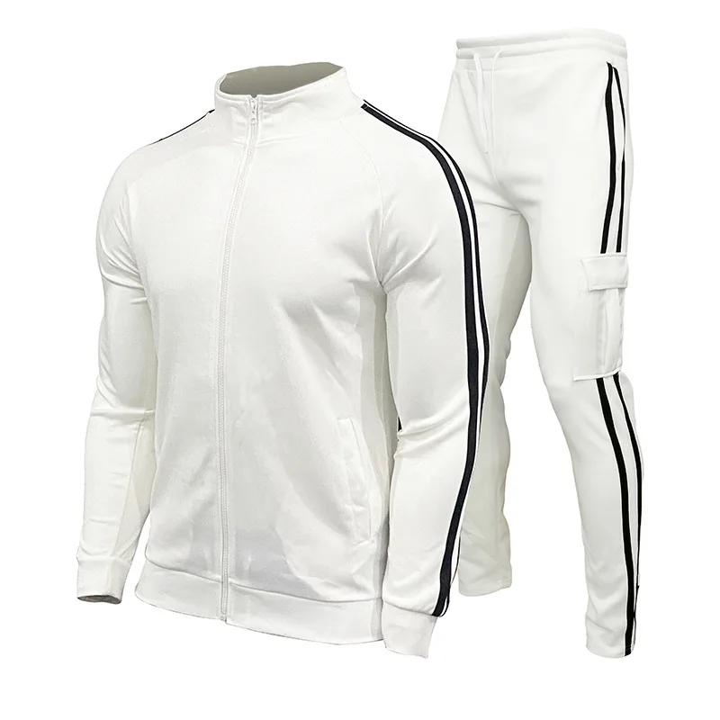 Casual Tracksuit Jacket + Trousers 2-piece Set Jogging Pocket Sportswear Outdoor Men Cardigan Pant Stripe Fashion Spring Autumn