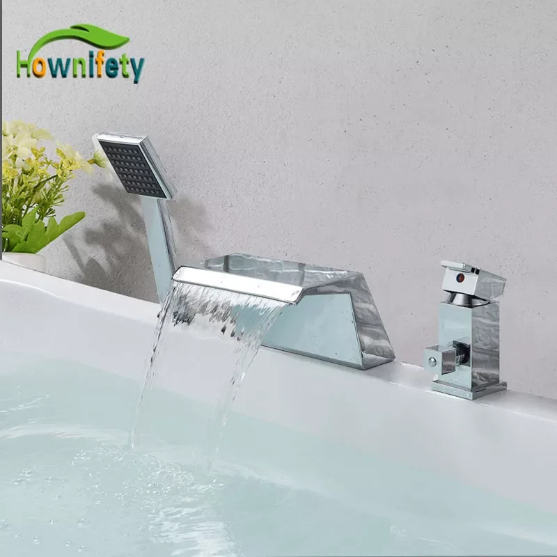 

Chrome Polished Bathroom Sink Faucet Single Handle Hot & Cold Mixer Tap Waterfall Spout Solid Brass Faucet ABS Hand Shower