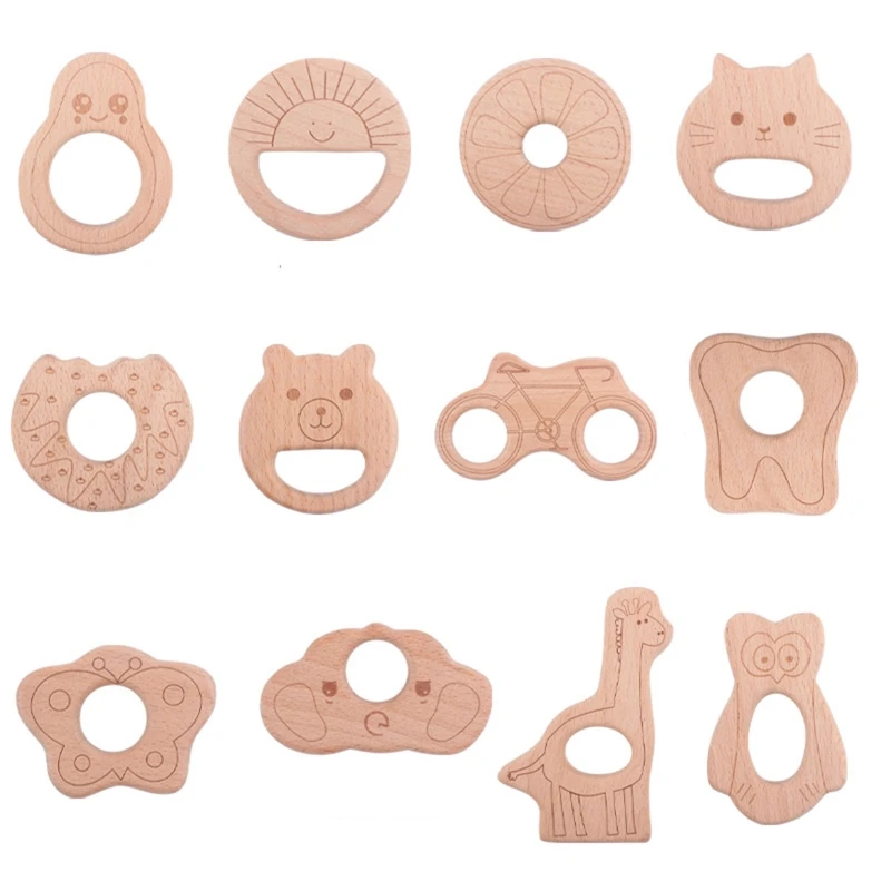 

Wooden Teething Rattle Ring Cartoon Pacifier Nursing Teether for Infant 0-3-12M