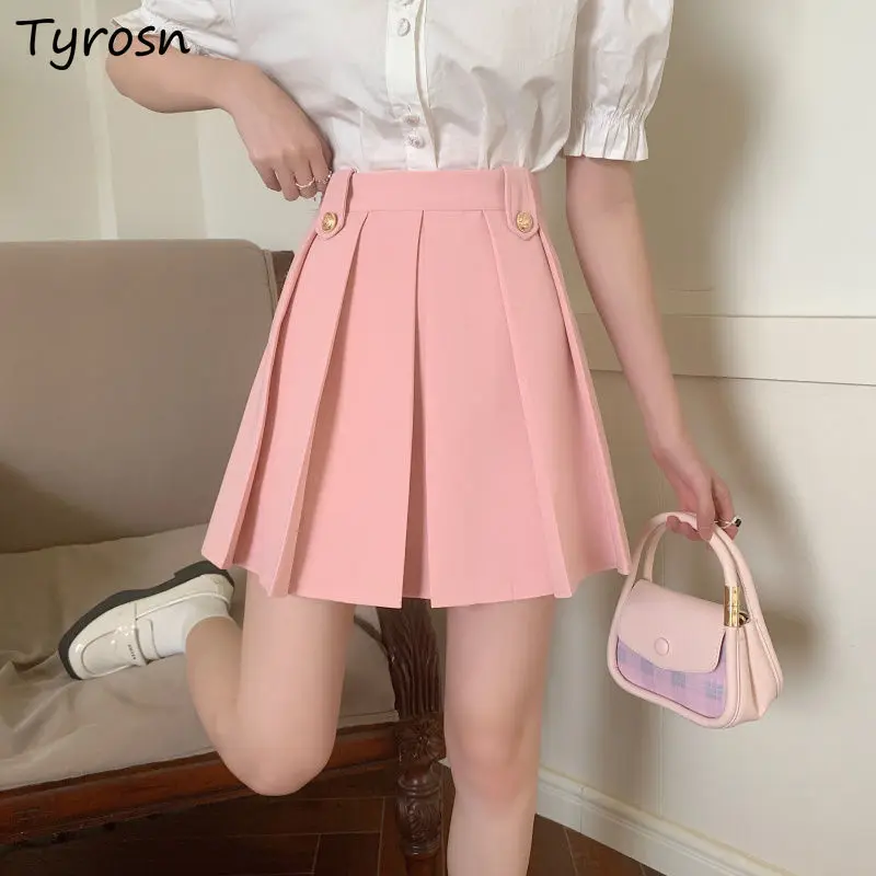 

Pleated Skirts Women All-match Elegant Design Stylish Mini Summer High Waist Korean Style Ladies Retro Basic Simple Pure Faldas