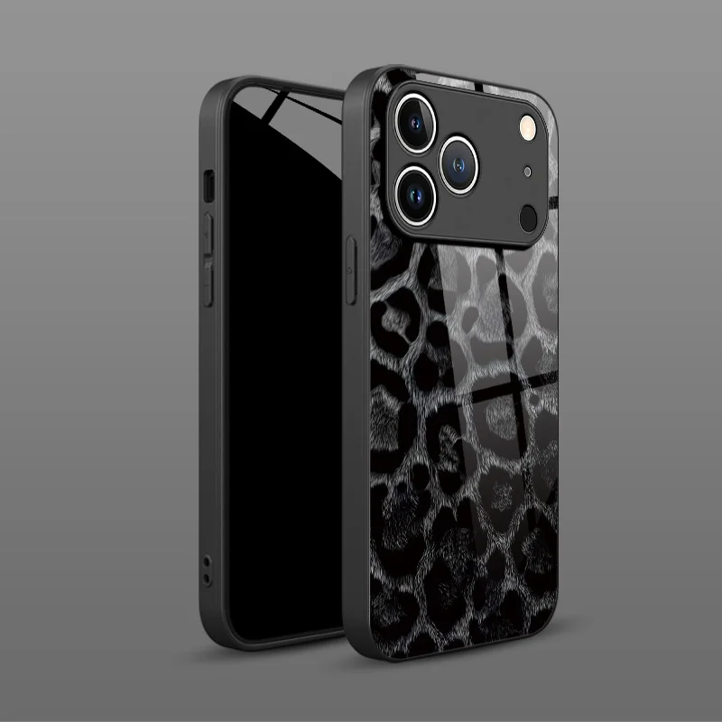 Фото Черно-белый чехол с леопардовым принтом для iPhone 17e, 17, 16, 15, 14, 13, 12 Mini, 11 Air, Pro, XS Max, XR, X Plus, стеклянная силиконовая рамка, задняя крышка №4