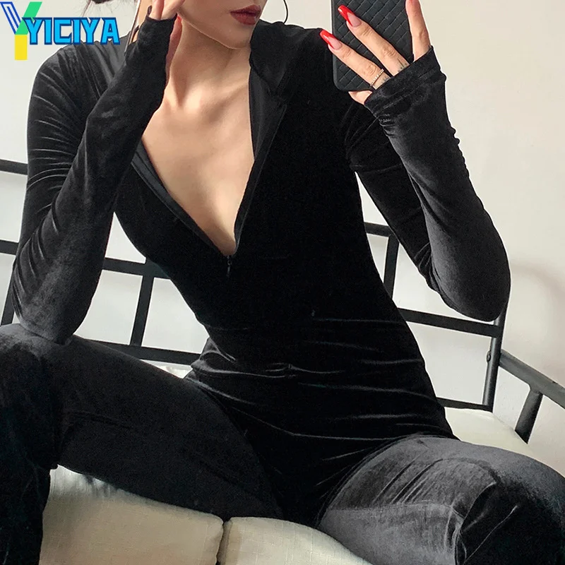 

YICIYA весенние модные облегающие комбинезоны для женщин с капюшоном с длинным рукавом на молнии, уличные повседневные женские черные длинные...