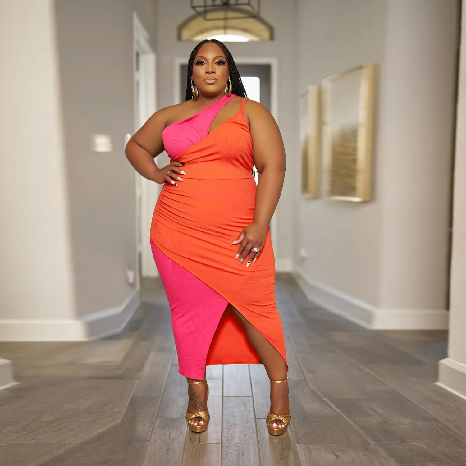 

Новое летнее платье AOSKM2023 SRS10463, европейские и американские, сексуальное, модное, повседневное, большого размера, цветное столкновение, плечо, платье