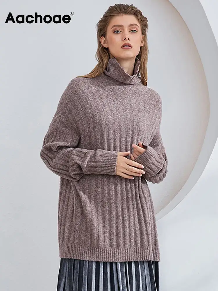 

Aachoae 2022 Women Autumn Winter Turtleneck Basic Sweater Solid Loose Casual Knitted Pullover Batwing Long Sleeve Jumper Tops