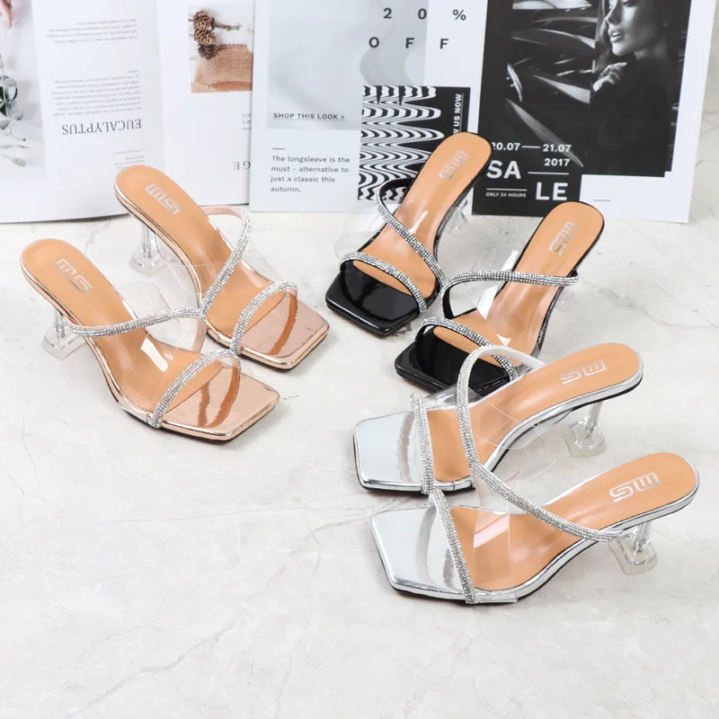 Women's High Heel Sandals 2022 Summer New Rhinestone Belt Transparent Horseshoe Heel Slippers Fashion Party Women Sandals 7.5CM