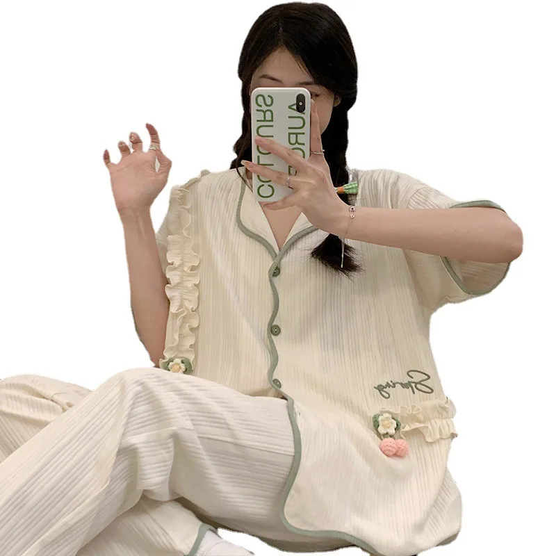 Pajamas  for Women's Summer 2023 New Style Pure Cotton Three-piece Suit Short-sleeved High-end Simple Comfortable Home Service