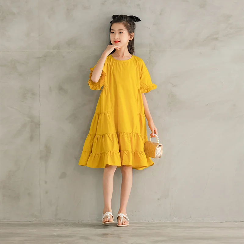 

Kids Cute Dress 2022 Girls Spring Summer Dress 100% Cotton Ruffles Teen Dress Children Baby Clothes Yellow Ruched,#6294