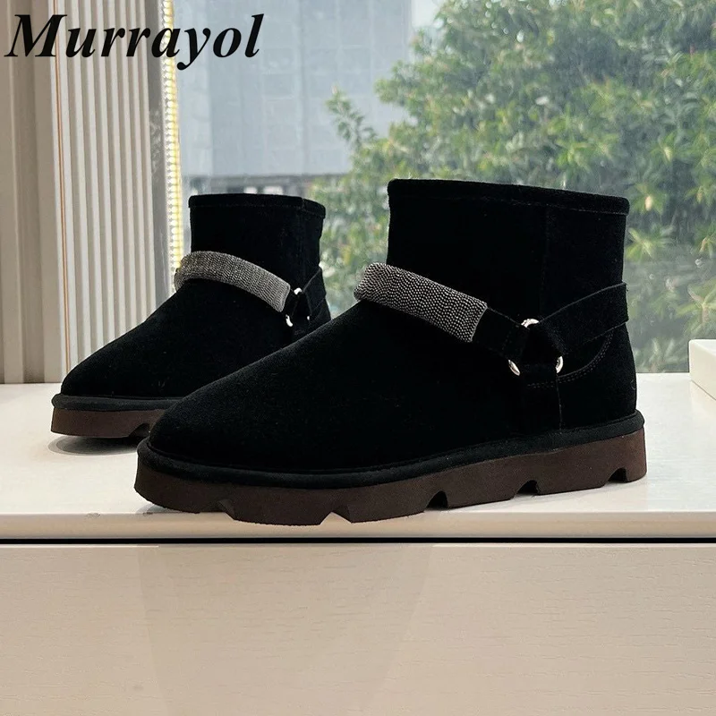 Коровья замша декор из бисера зимние ботинки женские короткие с круглым носком и