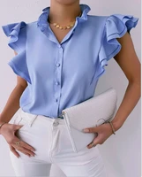 casual solid button blouse shirts fashion v neck tops 2022 summer ladies spring elegant v neck butterfly sleeve blusa streetwear