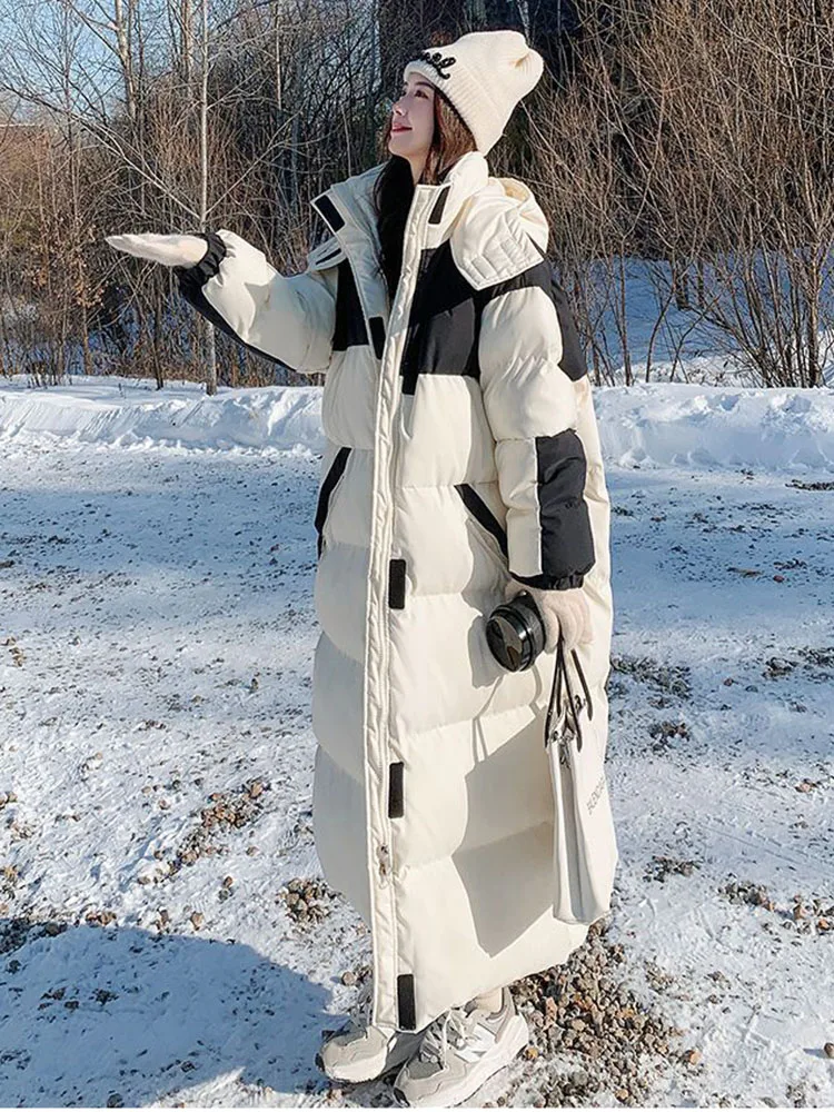

Cotton Padded X-Long Snow Parka Coat Women Warm Winter Big Pocket Snow Jacket Casual Thick Hooded Black Puffer Jacket Streetwear