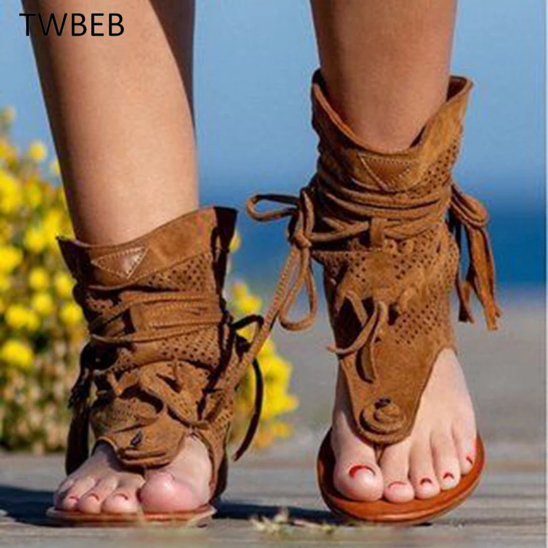 

Women's Shoes Retro Tassel Sandals for Woman Summer Boho Flat Shoes Ladies Lace Up Beach Shoes Sandalias Mujer