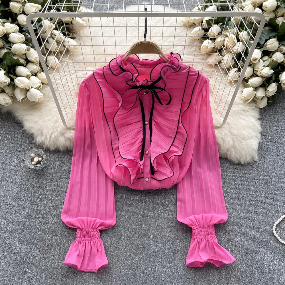 

Clothland Women Sweet Ruffled Chiffon Blouse Bow Tie Flare Sleeve Candy Color Cute Shirt Office Wear Chic Tops Blusa Mujer LA915