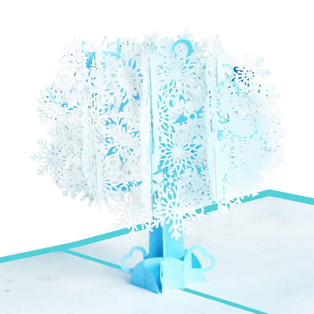 

3D Merry Christmas Greeting Card Handmade Retro Paper Cut Pop-Up White Snowflake Three-Dimensional Tree Postcard Birthday Card