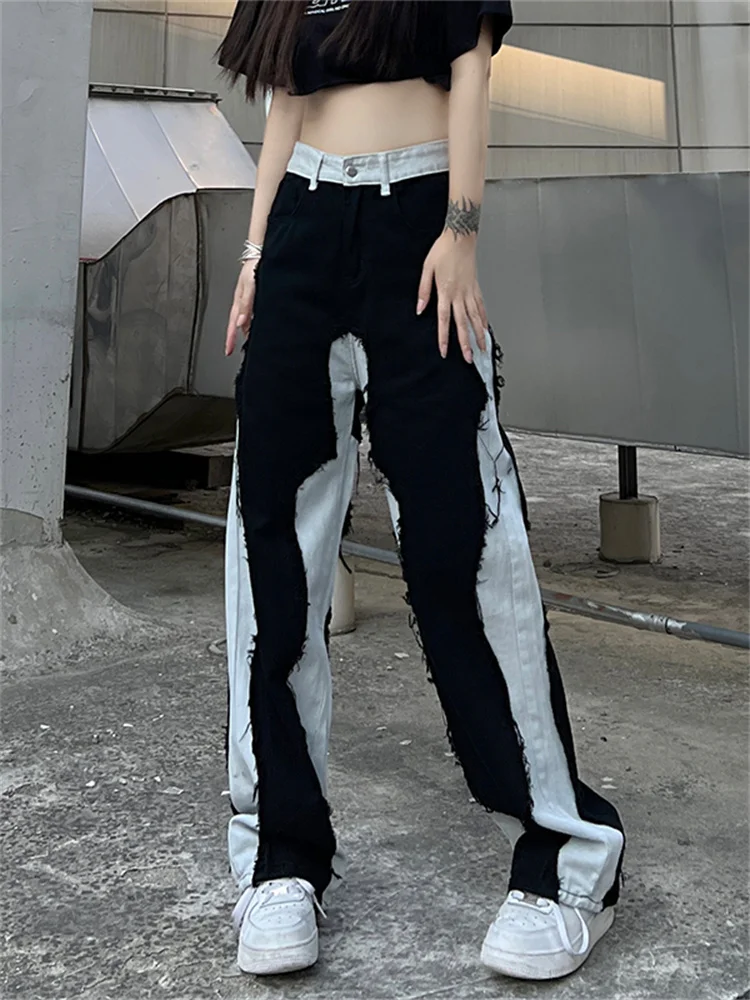 

Vintage Women's Bottoms High Waist Patchwork Jeans Fashion Straight Baggy Pants High Street Wide Leg Denim Trouser Ladies Summer