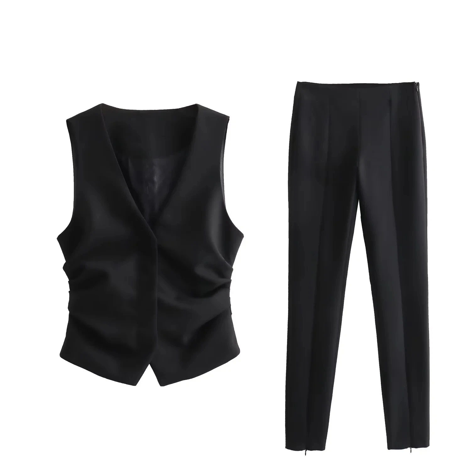 

Брюки TRAF женские с разрезом на подоле, винтажные облегающие штаны с боковой молнией, модный костюм с жилетом со скрытыми пуговицами и рюшами, черные, 2024